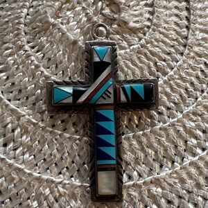 Silver and Blue Geometric Cross Pendant
